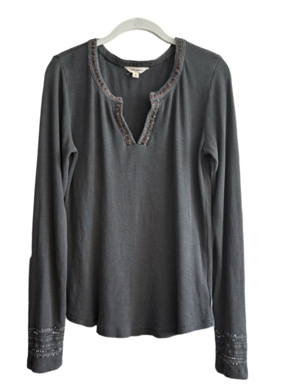Lucky Brand Long Sleeve Waffle Knit Tee Embroidered Cotton Dark Gray Size M